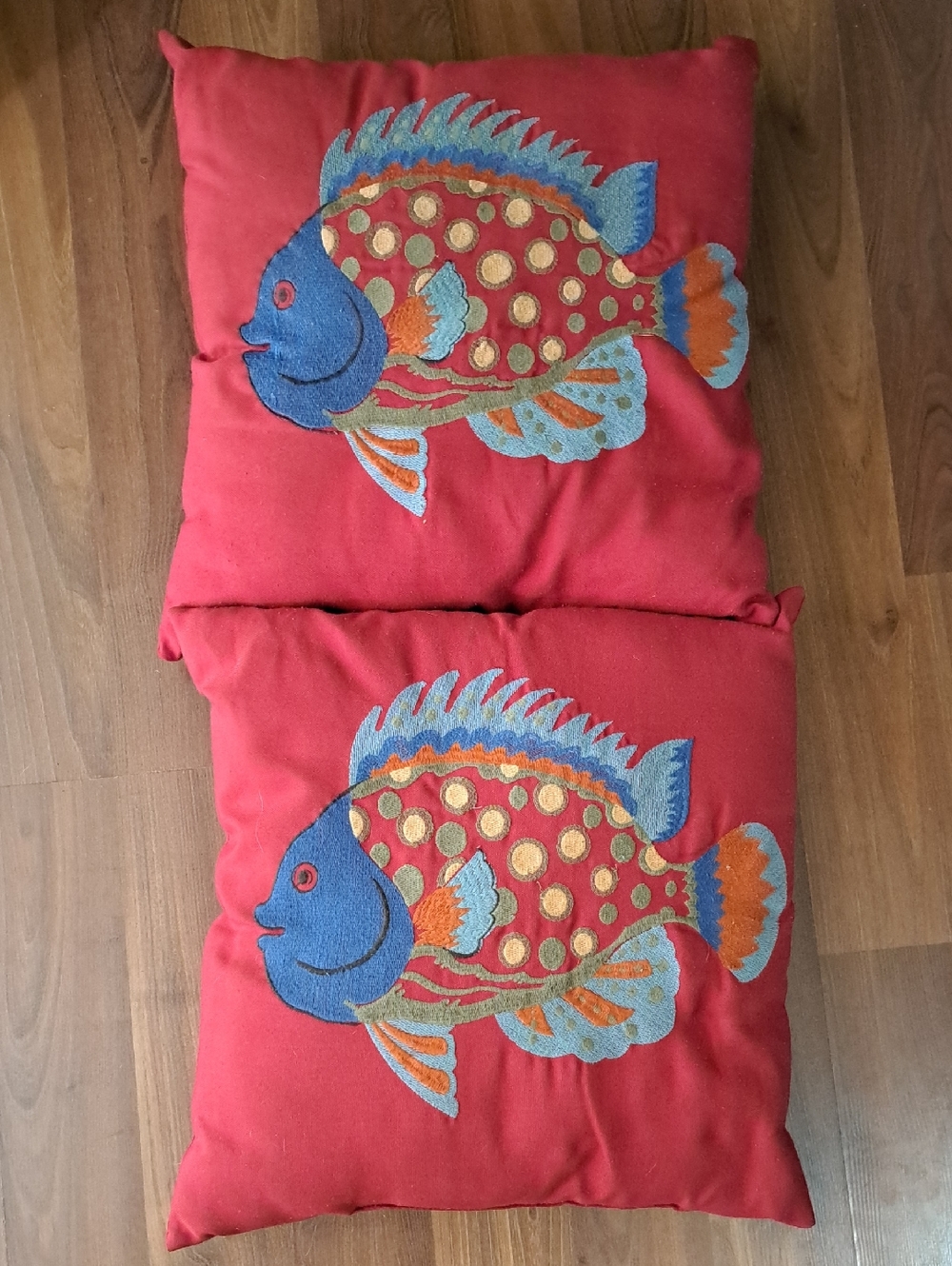 Red Fish Embroidered Decorative Throw Pillow. Cottagecore. Fishy.